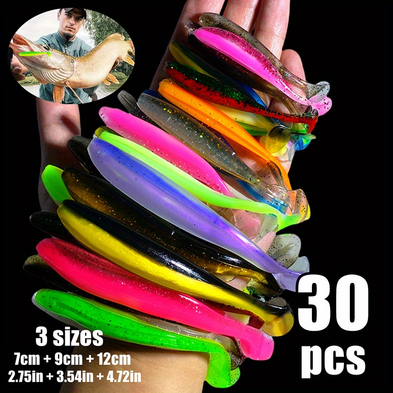 

3 Sizes 30pcs T-tail Soft Fishing Lures - Outdoor Fishing Tackle, Tpe Material,, Bag Packaging