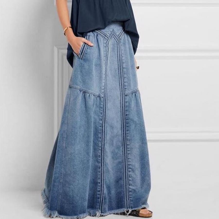 

Plus Size Women's Long Skirt High Waist Hem A Line Jean Skirt For Summer, Spring