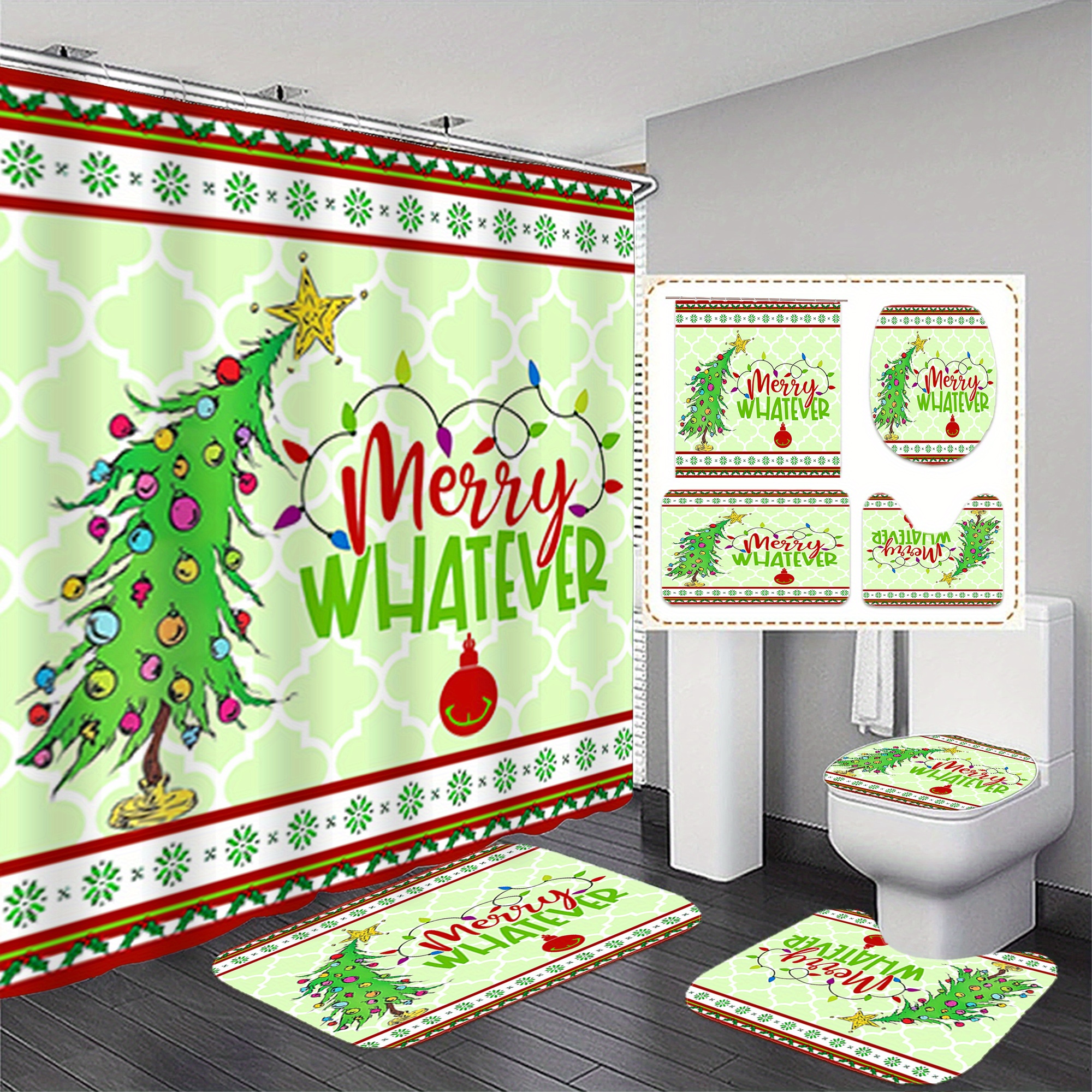 

Jit, 1pc/3pcs Christmas Bathroom Curtain + Mat Set 12 , Polyester , Bathroom -slip Mat, -slip U-shaped Mat, Mat, Bathroom , Decorative Accessories, Decoration, Decorative Curtain