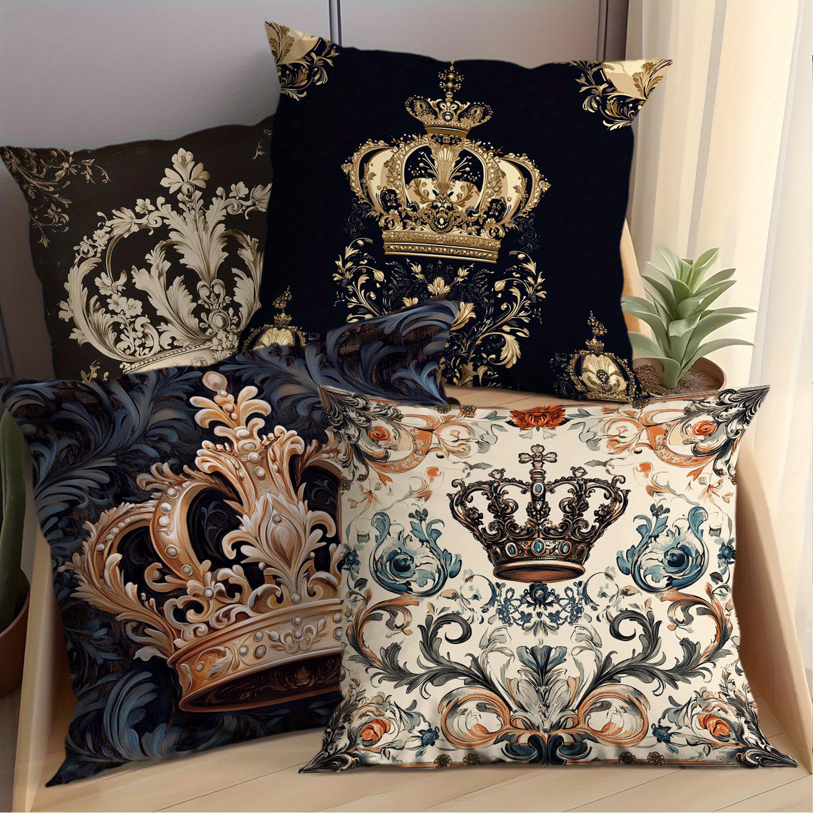 

Crown Retro Pattern Pillowcase Set, 4 Pieces, No Pillow , Comfortable, Suitable For Office, Bedroom, Balcony, Car, Sofa,