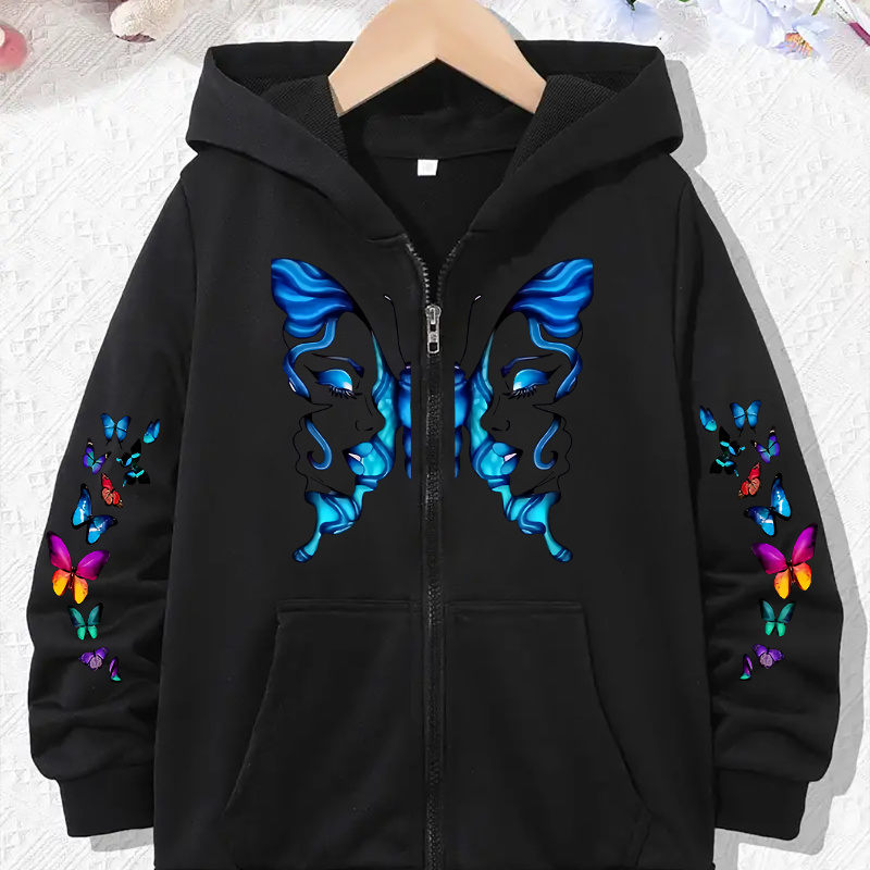 

Women's Casual Butterfly And Floral Print Hooded Jacket, Active Zip-up Hoodie With Pockets, Knit Fabric Polyester With Slight Stretch, Season-neutral Hooded Outerwear