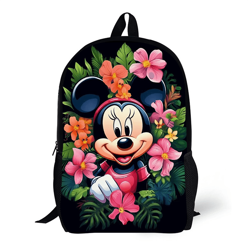 * Park Fashion Nylon Backpack with Adjustable Straps, Cartoon Mouse Girl and Floral Print, Zipper Closure, Polyester * - Stylish Women&#39;s Back