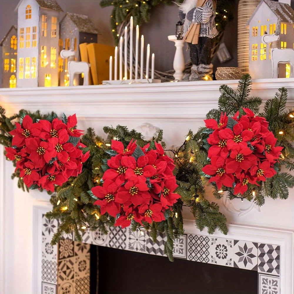 

2-pack Vibrant Red Poinsettia Artificial Flowers - Plastic Christmas Decor Poinsettia Bouquets For Seasonal Decor, No Electricity Or Battery Needed