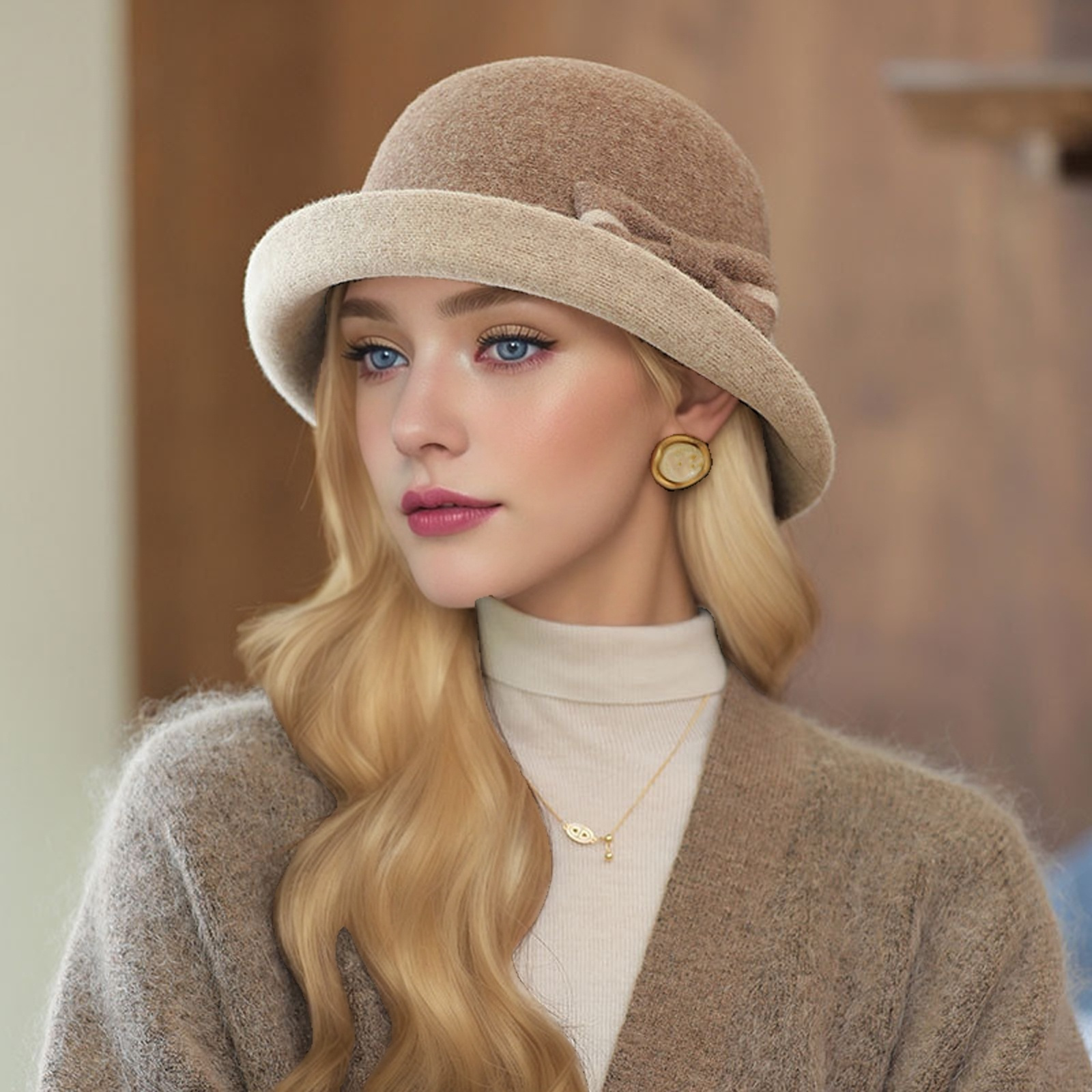 

Wool Hat For Women - British , Rolled Bowknot, For Fall &