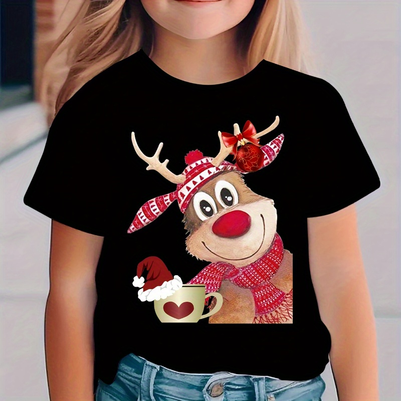 

Girls' Christmas Reindeer Print T-shirt, Summer Fashion Kids' Casual Short Sleeve Tee, Polyester Knit Top With Round Neck, Regular Fit, Holiday Graphic Tee For Girls