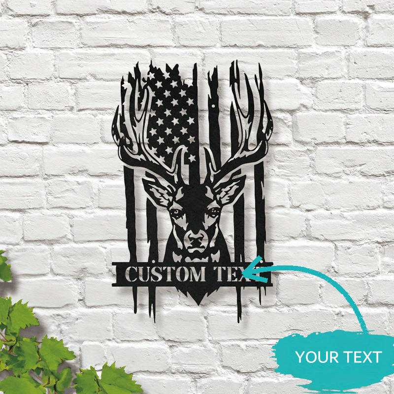 

Personalized Iron Deer & Us Flag Wall Art, Customizable Name Metal Sign, Hunting Cabin Decor