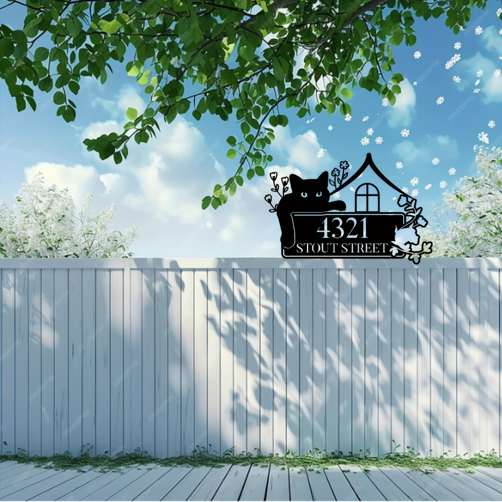 personalized metal address sign with cat motif house number plaque for door hanging   outdoor wall mount customizable for cat lovers   14 details 0