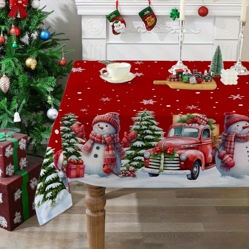 

Christmas Tablecloth For Rectangular Dining Table - 100% Polyester Non-woven, Machine-woven Rectangle Table Cover With Cartoon Snowman And , Party Decor, 1 Piece