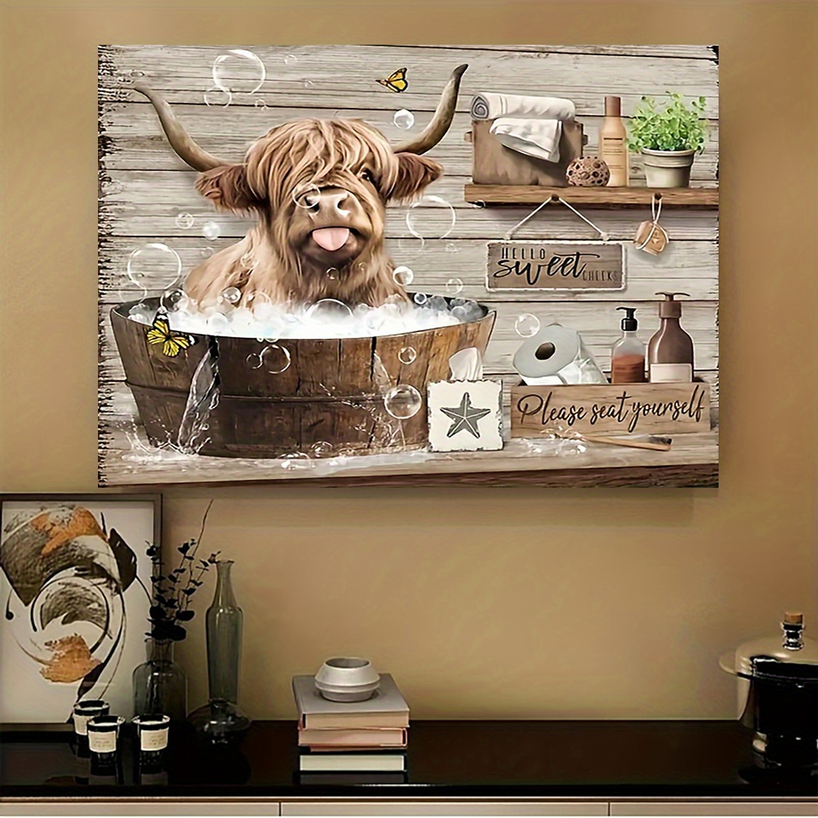 

1pc Highland Cow Bath Canvas Art, 12x16 Inches, Inspirational Wall Decor, , For Home Bedroom Room Bathroom, Hotel Restroom Room Art Poster, Halloween Christmas Theme