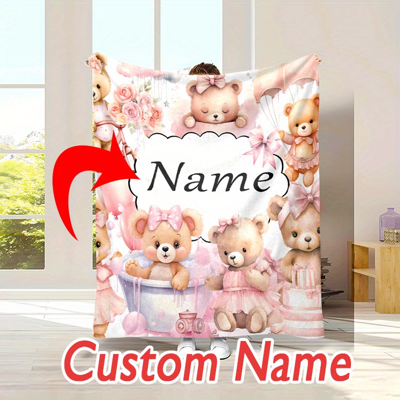 

Customized Name Bear Girls Theme Flannel Blanket, Polyester Knitted, Digital Printing, Soft And Warm, , 200-250g, For Napping, Camping, Travel, Christmas Decoration, Suitable For