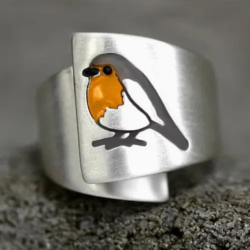 1pc beautifully engraved bird brushed painting vintage stainless steel silvery open end rings men women couple daily gift party