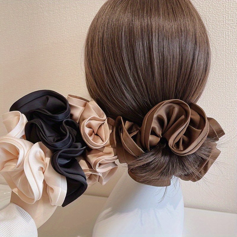 

Chic French-inspired Satin Scrunchie With Edge - Elegant Solid Color Hair Tie For Women, 15cm Diameter