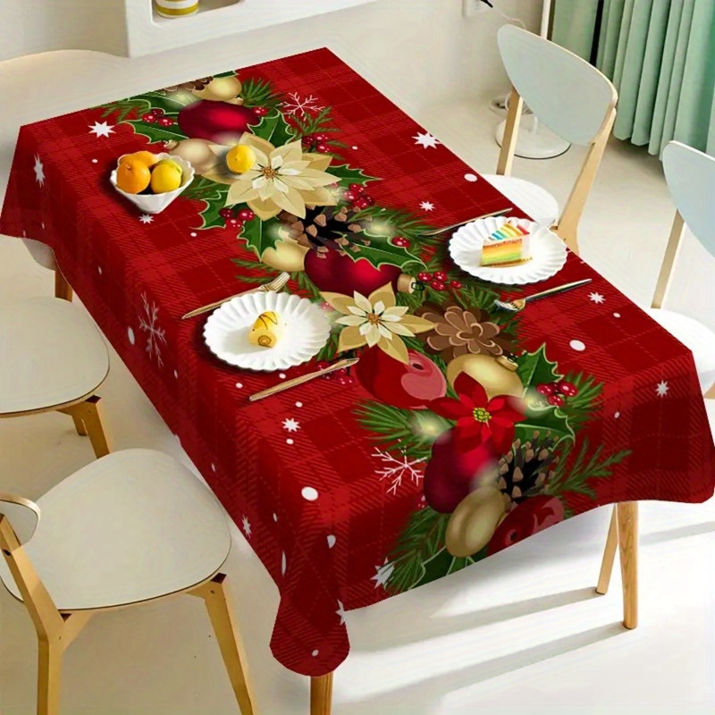 

Christmas Themed Polyester Tablecloth – Woven, Machine-made Square Cover, Water And Stain Resistant, Decorative Decor With Flower, , Pine Branch, And Ball Patterns