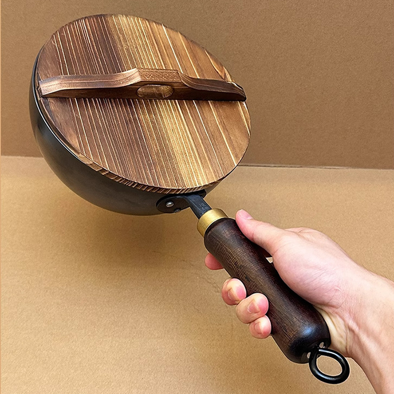 1pc   cast iron wok traditional chinese chefs pan non stick induction compatible gas     cookware with wooden handle for healthy cooking details 9