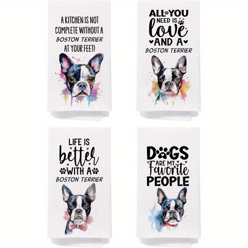 

4-piece Boston Terrier Kitchen Towel Set - Contemporary Style, Theme, Super Polyester Dish Cloths, Machine Washable, Oblong Shape With Dog Pattern For Home Decor And Holiday Gifts