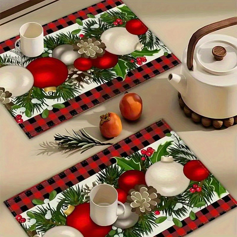 

Set Of 2/ 4/ 6/ 8 Linen Buffalo Check Christmas Placemats - Christmas Ball Pattern - Farmhouse Winter Christmas Kitchen Table Decorations