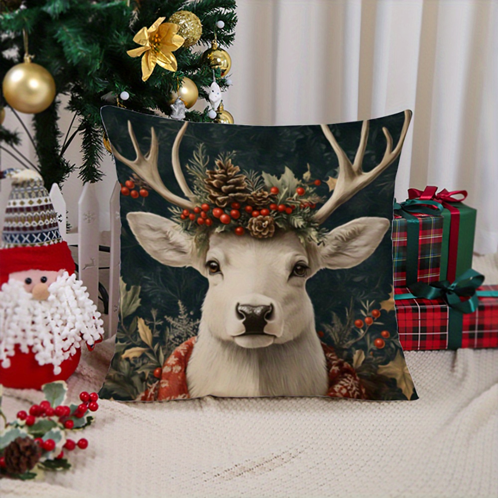 

Suige Home Contemporary Christmas Deer Throw Pillow Cover, 17.7"x17.7" Color Knit Fabric, Machine Washable, Printed Pattern, Polyester, Decorative Cushion Case For Sofa, Living Room, Bedroom - 1pc