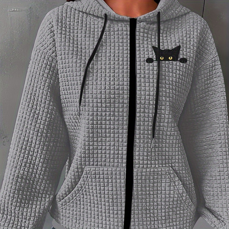 

Women's Casual Waffle Knit Hooded Jacket With Black Cat Print, 100% Polyester, Geometric Pattern, Zipper Closure, Drawstring, Machine Washable - All