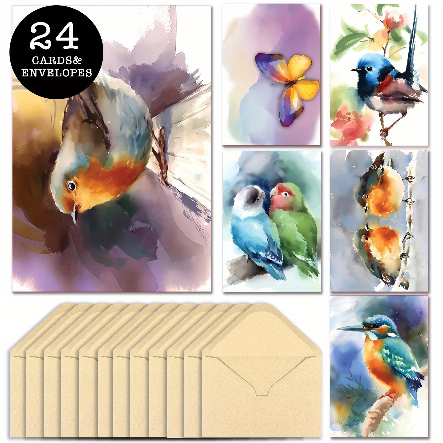 

24pcs Vintage Bird Watercolor Greeting Cards Set With Envelopes - Birthdays, Thank & - Ideal Gift For Family & Friends