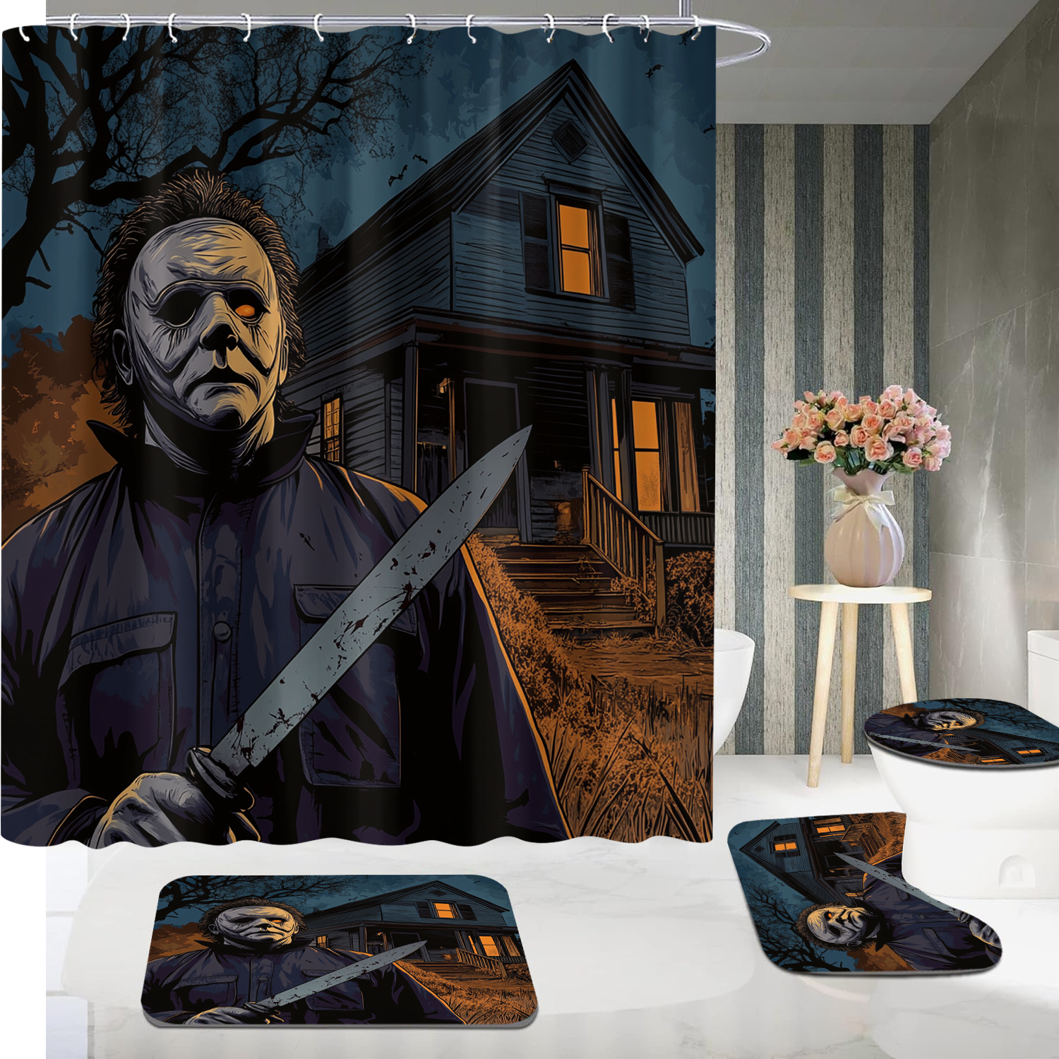 

Horror-themed Bath Set With Villain & Knife, Water-resistant Polyester , Graphic Arts Pattern, Includes 12 Hooks, Machine Washable Bathroom Accessories, 1pc/4pc Set