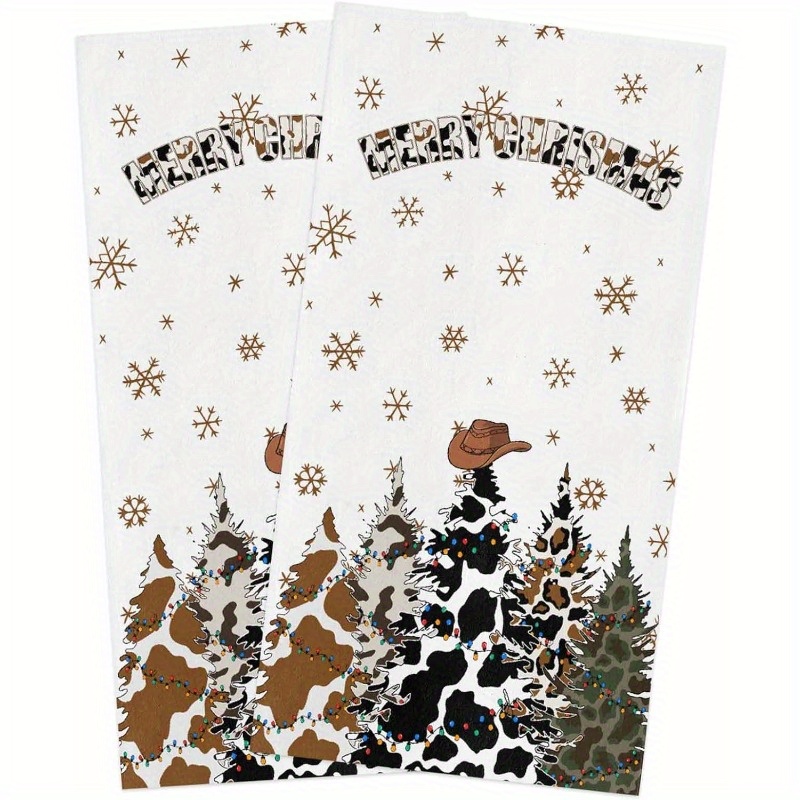 

2-piece Set, Western Christmas Cow & Tree Pattern, 18x26 Inches, Soft & Absorbent Cotton Kitchen Towels, Polyester Dishcloths, , Machine Washable, Super Soft, For Home Kitchen Use