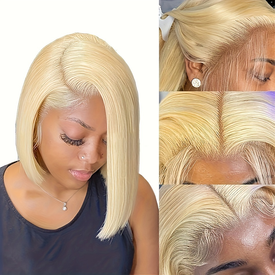TEMU 613 Blonde Bob Wig - 13x4 Lace Front, Pre- Brazilian Human Hair, Straight Short Style For Women, Natural Hairline, 180% Density, Elegant & Versatile Look