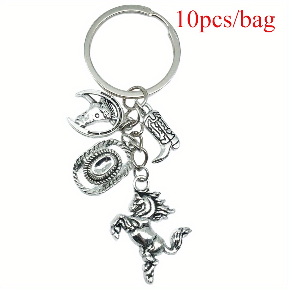 TEMU 10pcs Par Sac de Porte-clés de Cowboy Western Argentés Vintage avec Chapeaux, Chevaux et Bottes, Pendentifs Décoratifs Uniques et Cadeaux de