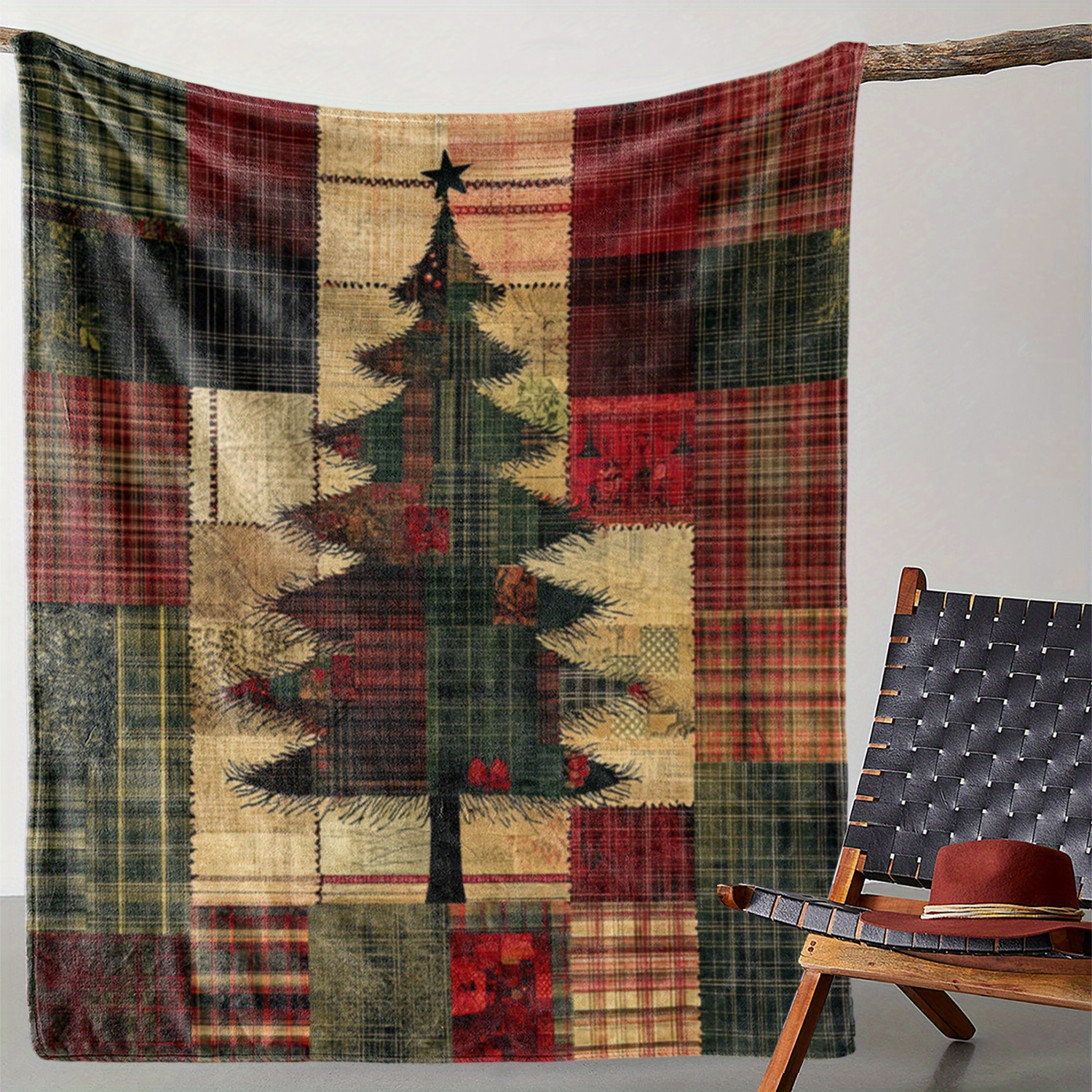 

Vintage Christmas Tree Patchwork Flannel Throw Blanket - Soft, Warm, Comfortable For Sofa, Bed, Car, Office, Camping, Travel - Gift Blanket, Knitted Polyester, Mixed Color