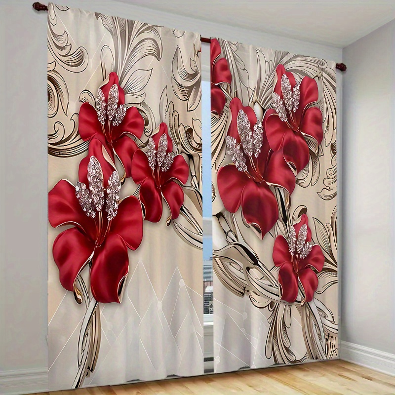 

2pcs Set Red Floral Print Curtains With Elegant - Rod Pocket Window Treatments For Living Room, Bedroom, Kitchen & Dorm Decor
