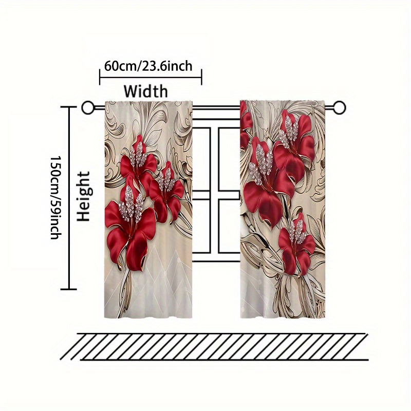 TEMU 2pcs Set Red Floral Print Curtains With Elegant - Rod Pocket Window Treatments For Living Room, Bedroom, Kitchen & Dorm Decor