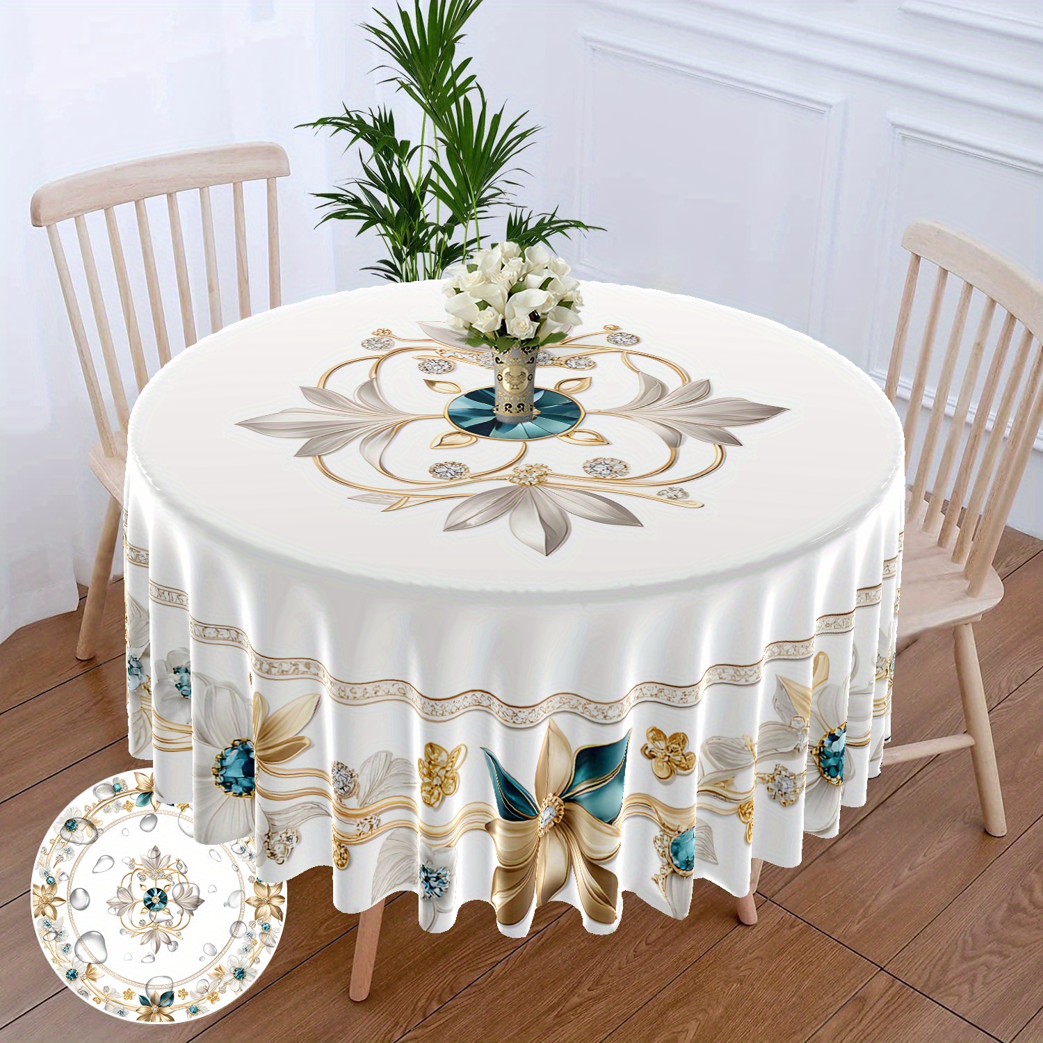 

1pc White Gold Flower Printed Tablecloth Waterproof Color Dining Table Set Art Tapestry Curtain Head Cover Towel Backyard Barbecue 63 Inch Tablecloth