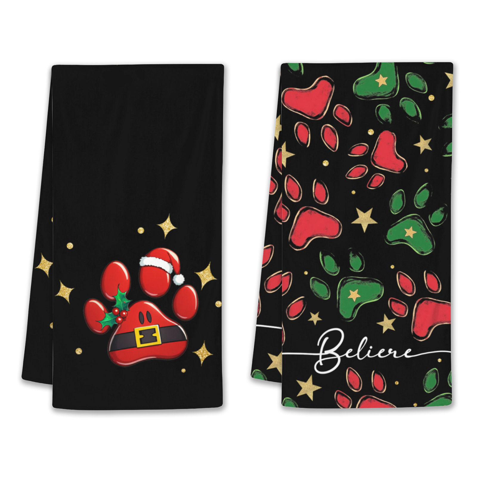 

2pcs Christmas Kitchen Towels - Santa Hat, Holly & Dog With Stars On Black Background - Decor, Best For Christmas