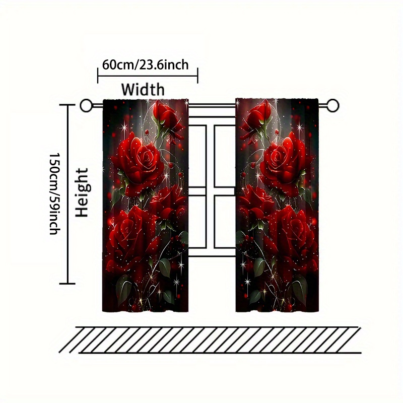 TEMU Contemporary Star Rose Pattern Knit Polyester Curtains, 2 Panels, Machine Washable, Rod Pocket Room Decor - Fashionable Romantic Theme, No Accessories Needed, Various Room Types Compatible