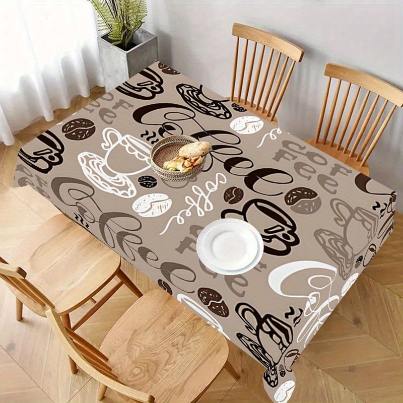 

1pc Coffee Cup & Bean Pattern Tablecloth, Waterproof Polyester Table Cover, Machine Woven Square Table Linen For Indoor & Outdoor Use, Kitchen & Dining Decor