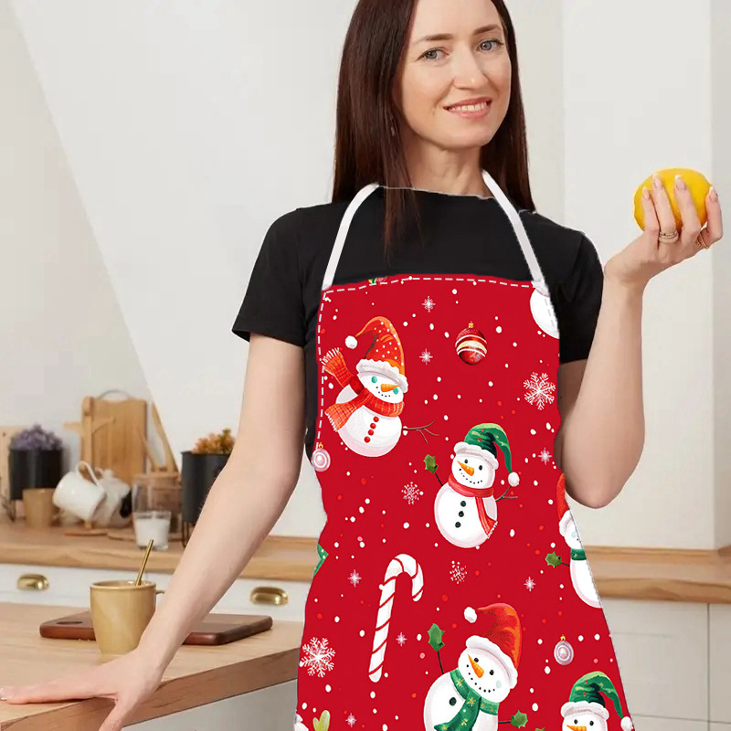 

Christmas Snowman Print Linen Apron, Unisex Sleeveless Kitchen Bib, Washable Apron, Woven Linen Material, For Kitchen And Restaurant Use