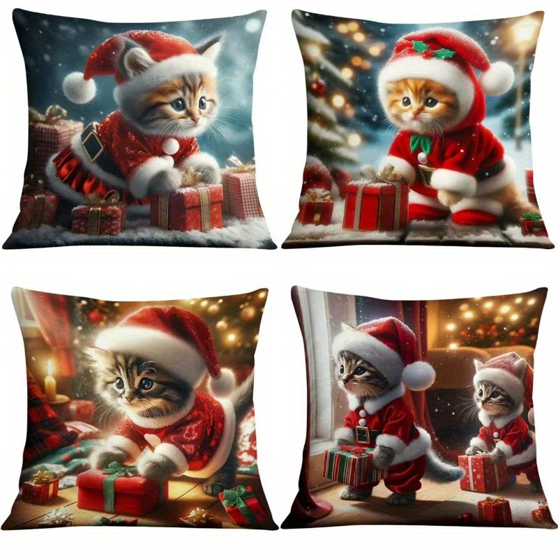 

4-pack Christmas Kittens Cushion Covers, 18x18 Inches, Linen Throw Pillow Cases With Invisible Zipper, Vintage Holiday Decor, Santa Hat & Gift Design, For Sofa, Bed, Living Room, Hand Wash Only