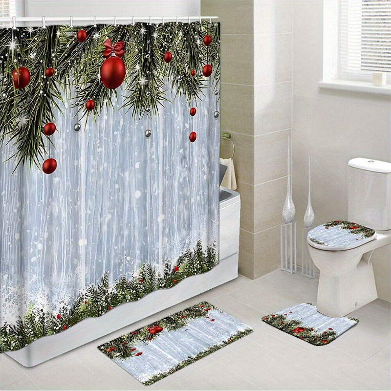 

1pc/4pcs Christmas Waterproof Shower Curtain Set With 12 Hooks And Bath Mat Toilet Seat Bathroom Seat Anti-slip Carpet Rug Polyester Fabric Curtain Bathroom Accessories Home Decor (open Jit)