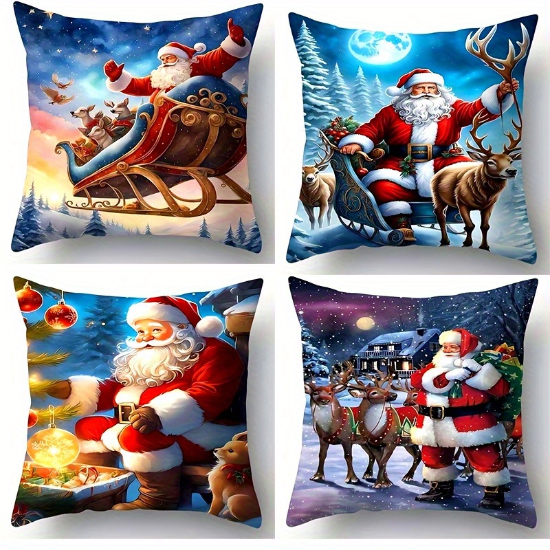 

Vintage Santa Throw Pillow Covers Set Of 4 - Geometric Pattern, Woven Polyester, Zipper Closure, Machine Washable - Ideal For Christmas Decor And Living Room Cushion Covers (filling Not Included)