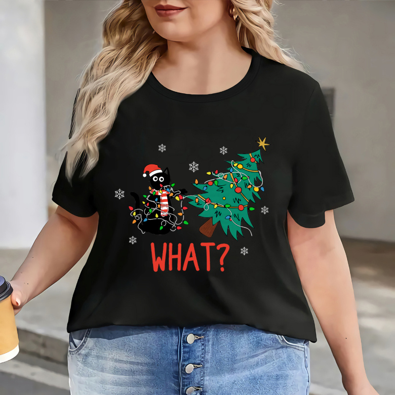 

Plus Size Christmas Cat T-shirt, Casual Crew Neck Short Sleeve Pullover, Polyester Knit Fabric With Slight Stretch, Women'/summer Fashion Top