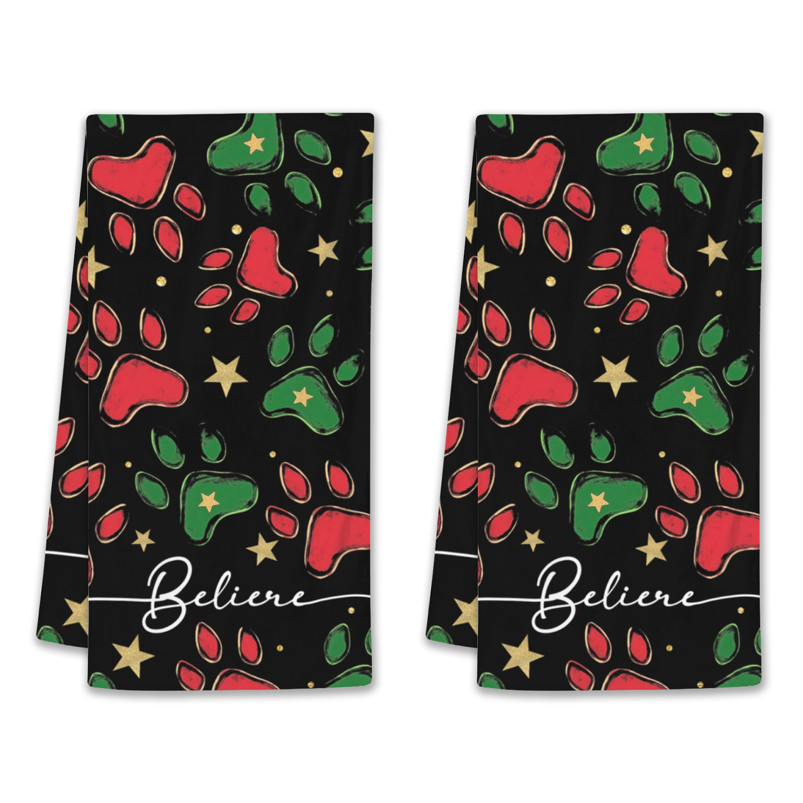 

2pcs Christmas Kitchen Towels - Cute Dog Paw & , Red & Green, Holiday Decor & Dining