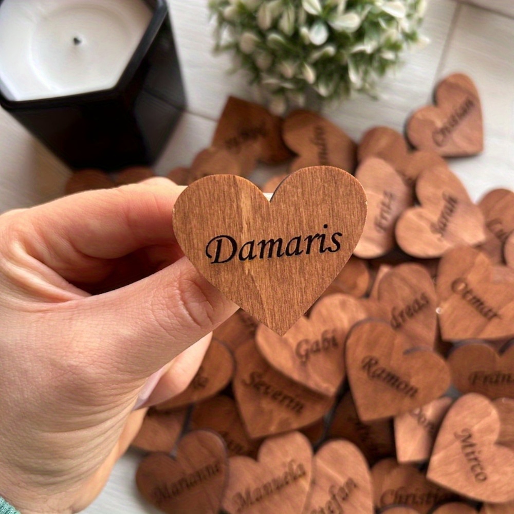 1pc personalized heart shaped wedding pin custom engraved name tag elegant vintage style stainless steel wood   bridal parties gifts bridal   custom engraved accessory wooden heart tag wedding accessories 0