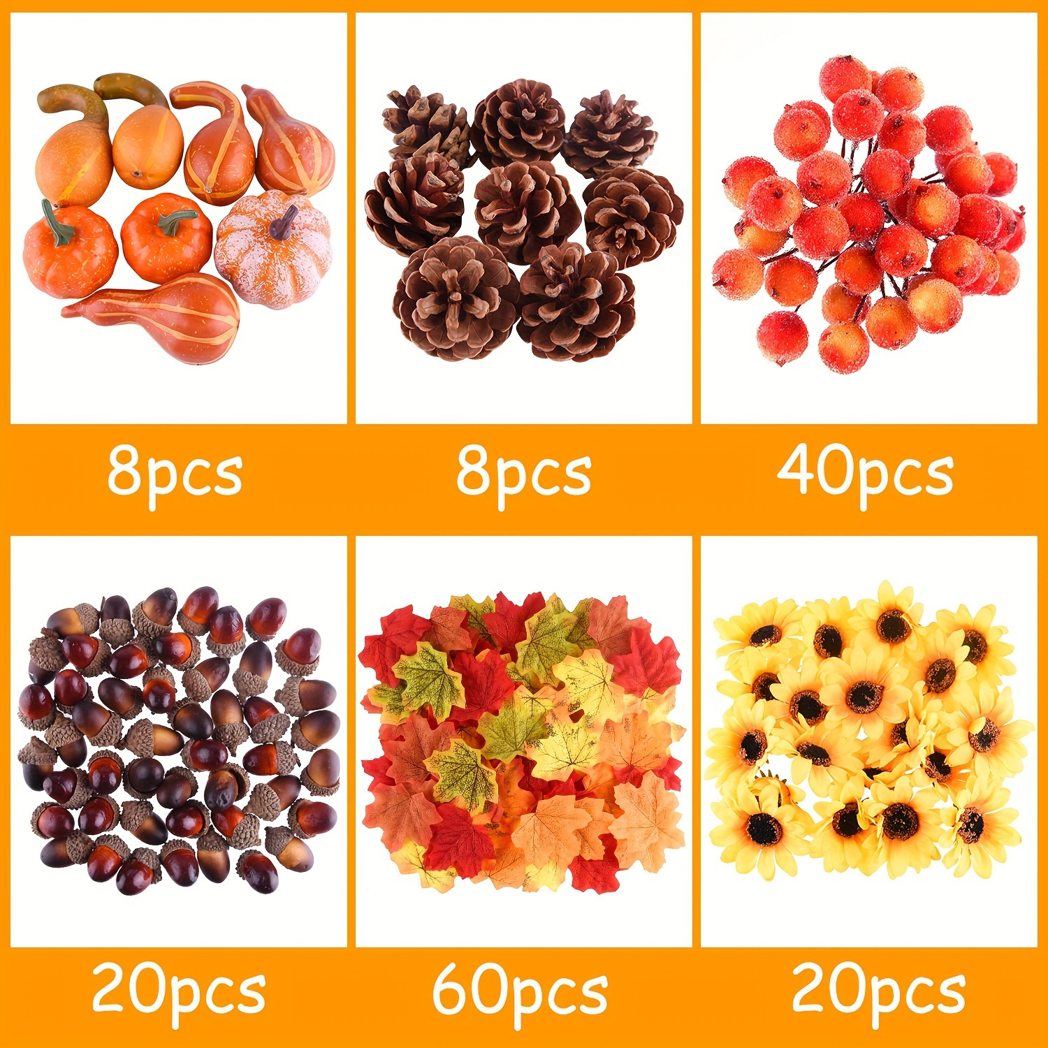 TEMU 156pcs Fall Thanksgiving Decorations, Mini Pumpkins, Pinecones, , , Sunflowers & Red Berries, Rustic Farmhouse Decor, Diy Wreath, Christmas Tree