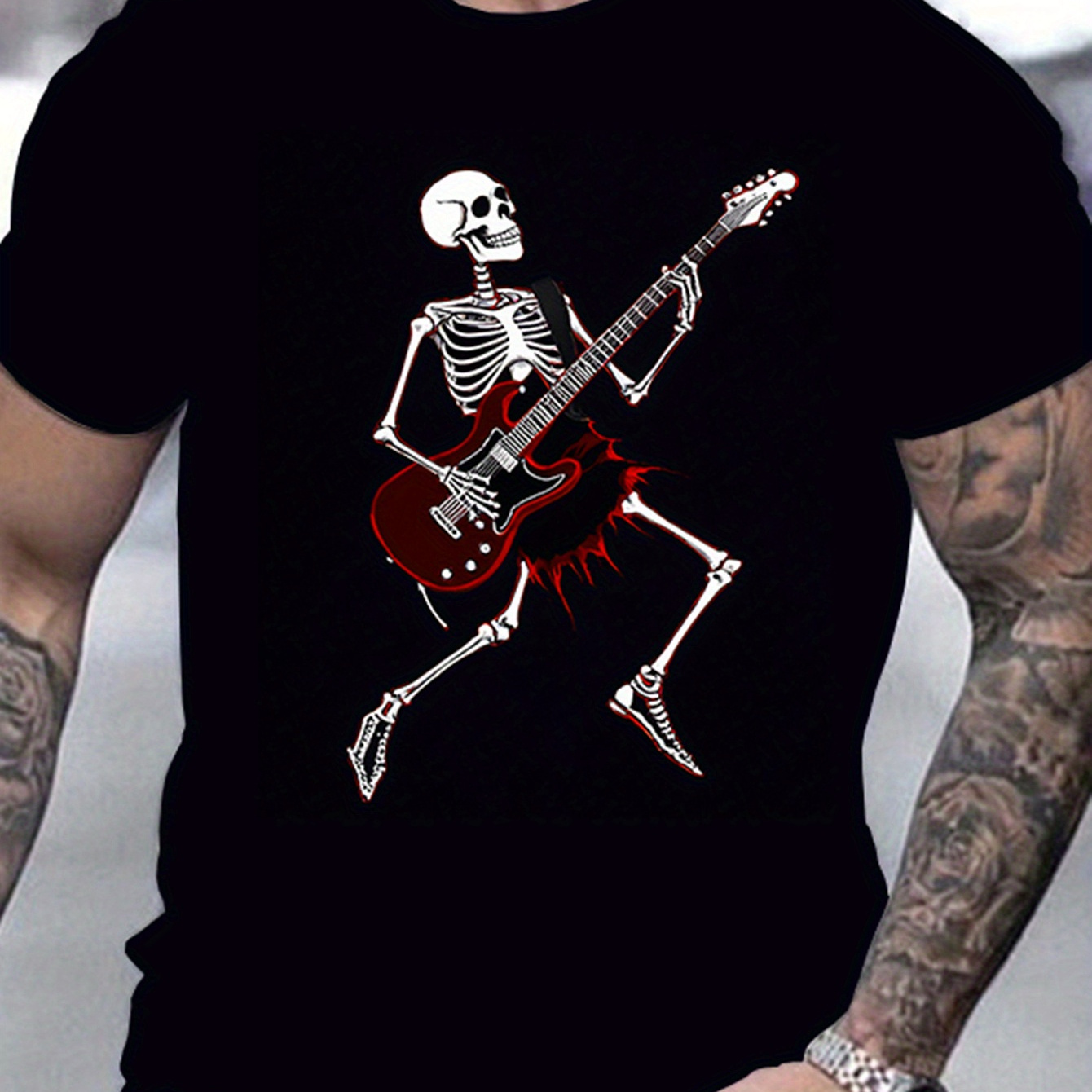 

Men's Skull Guitar Pattern Crew-neck T-shirt, Casual Summer Street Wear, Casual And Party Wear