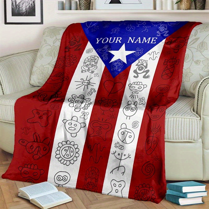 

Customizable Puerto Flag Inspired Soft Flannel Fleece Throw Blanket - Personalized Name Design, Cozy Comfort, Non-slip Polyester Chair Mat Alternative