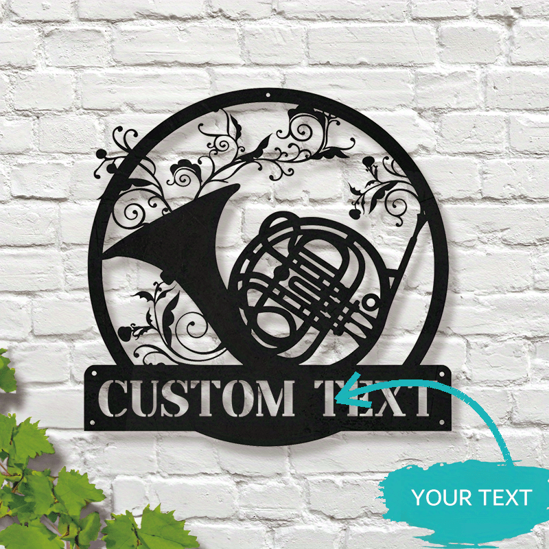 

Customizable French Horn Metal Wall Art, Personalized Vintage Style Name Sign For Music Room Decor, No Feathers, Non-electric, Hanging Ornament In Metal Material