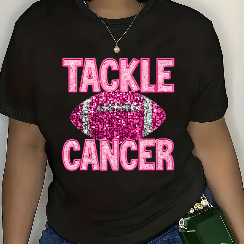 

Plus Size "tackle " Graphic T-shirt - Women's Casual Short Sleeve Top With Glittery Pink Lettering & Rugby Ball Design, Black Polyester Tee For , Ladies T Shirts