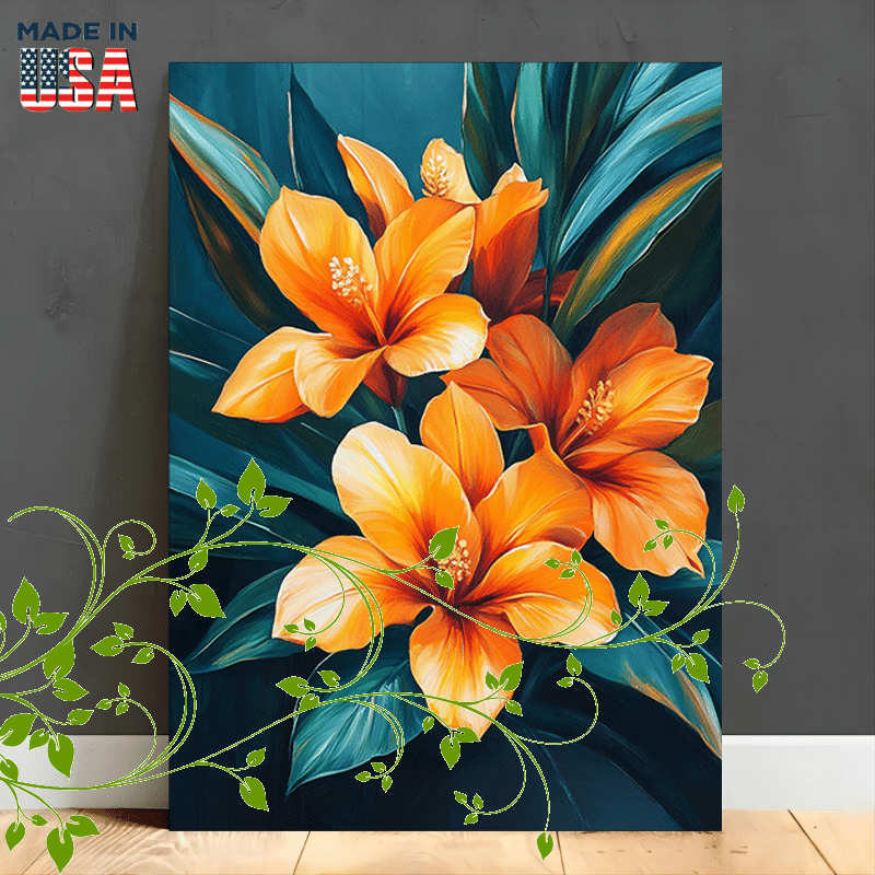 

1pc Wooden Canvas Painting Print Bright With Large Green Leaves, Vibrant Orange And Scenery Artwork Decoration Gift