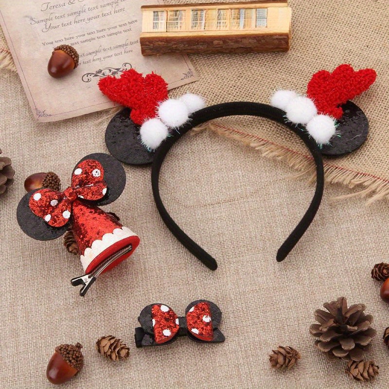 

3pcs Christmas Hair Accessory Set - Sparkling Mouse Ears Headband & Bow Clips In Red, Black, And White - Cute Plush Holiday Decor For Girls, Christmas Decor