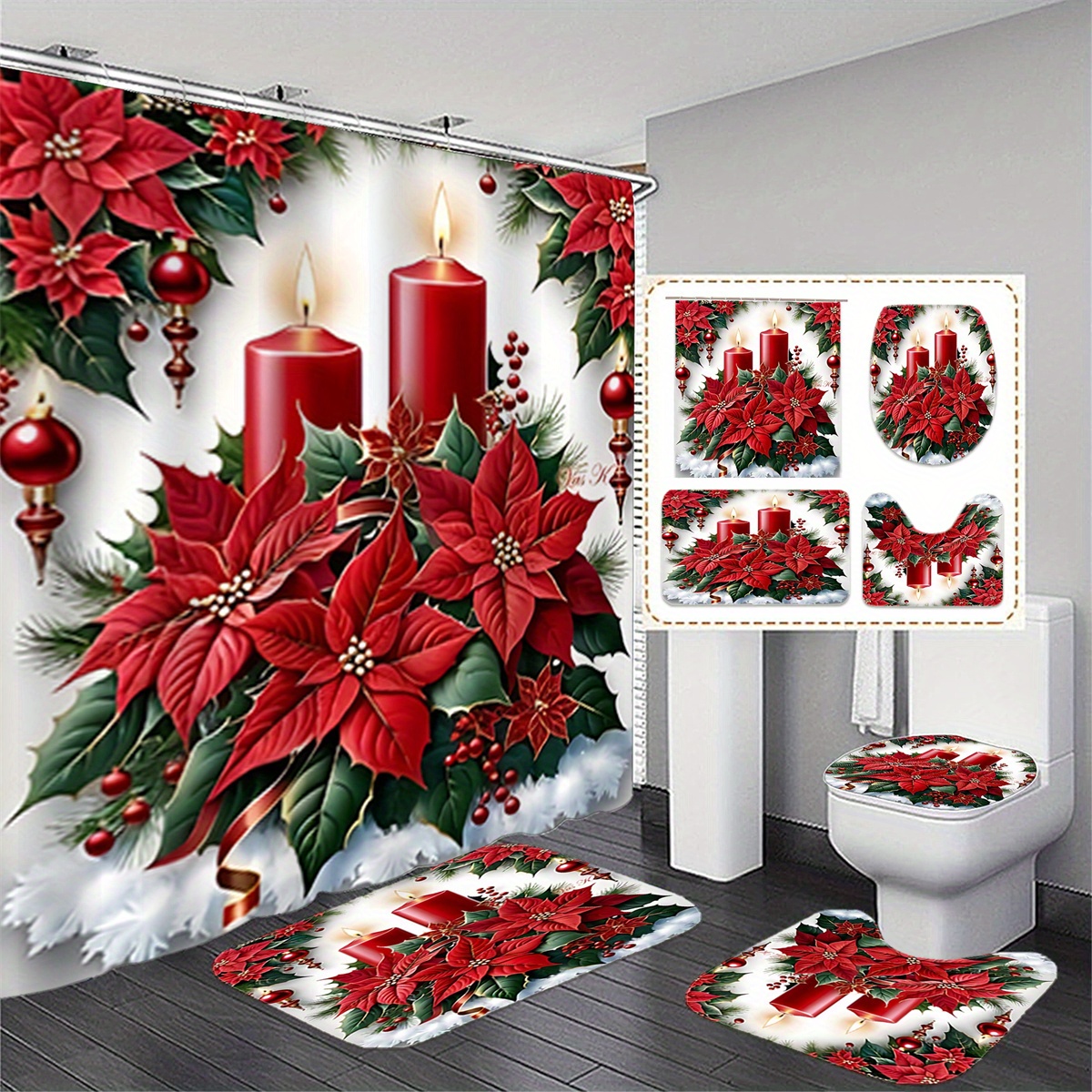 

Jit, 1pc/3pcs Christmas Bathroom Curtain + Mat Set 12 , Polyester , Bathroom -slip Mat, -slip U-shaped Mat, Lid Mat, Bathroom , Decorative Accessories, Decor, Decorative Hanging Curtain