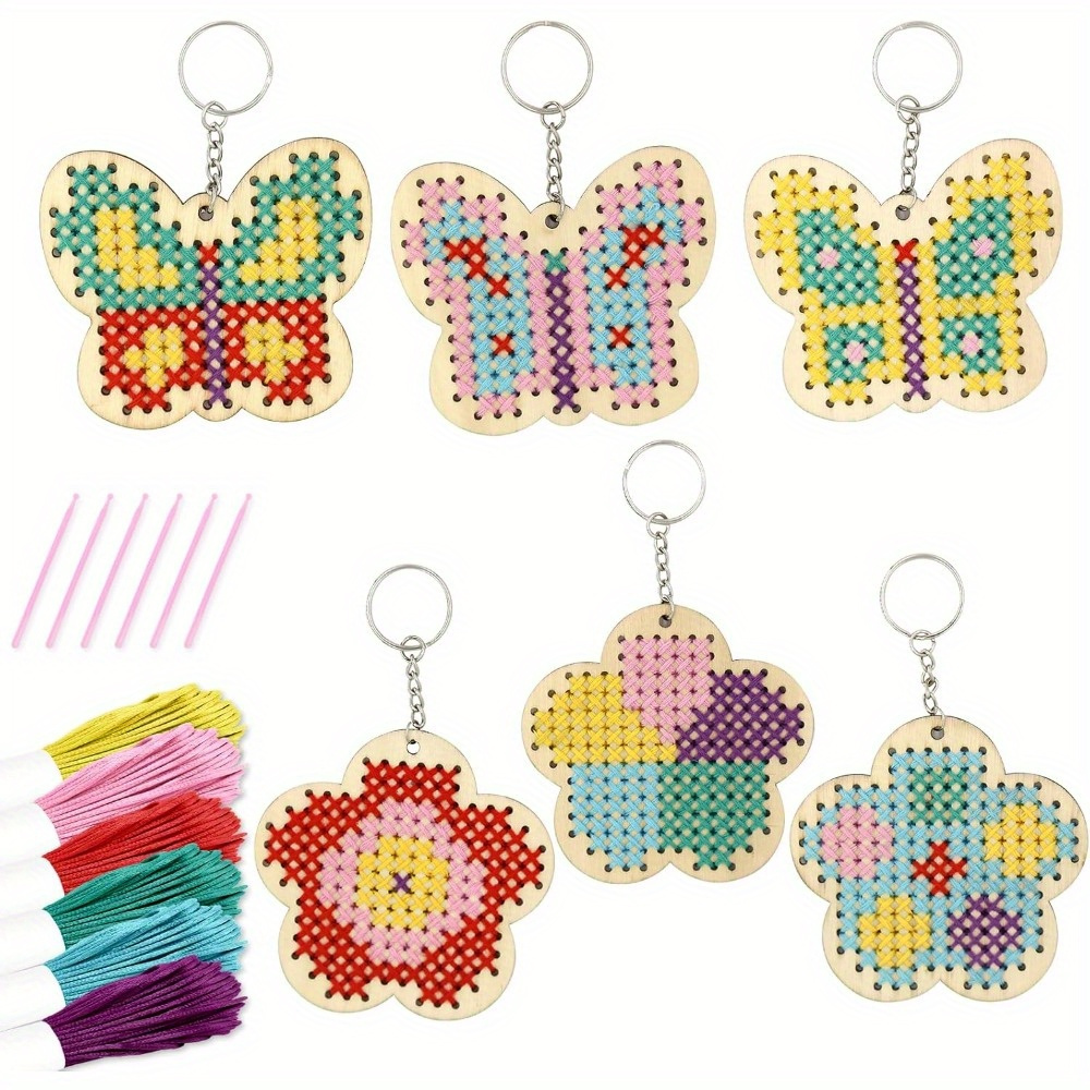 

6pcs Wooden Stitch Kits, Make Your Own Stitching Keyrings, Wood Sewing Kit, Arts & Crafts Butterfly, Flower Ornaments, Embroidery Kit For Beginners, Diy Crafts, Christmas Crafts, Christmas Gifts